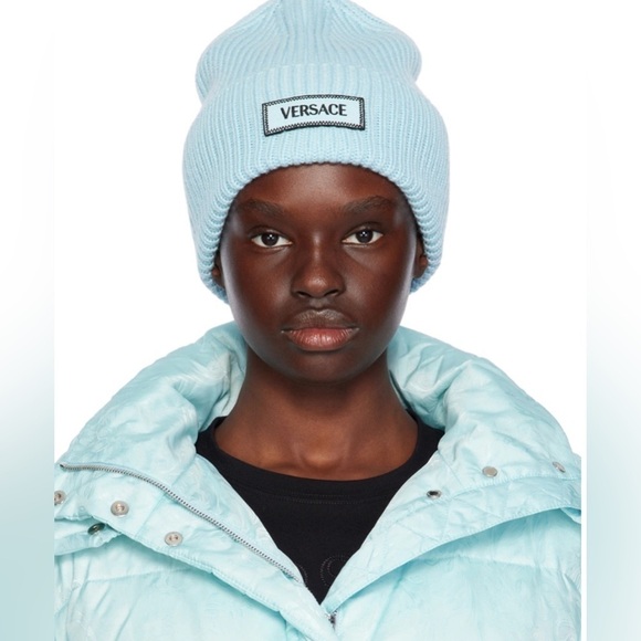 NEW Versace Rib knit 100% wool beanie in blu